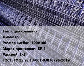 Сетка оцинкованная d=3 Ячейка: 100х100 ВР-1 Раскрой: 1х2 ГОСТ: ТУ 25.93.13-001-03876796-2019